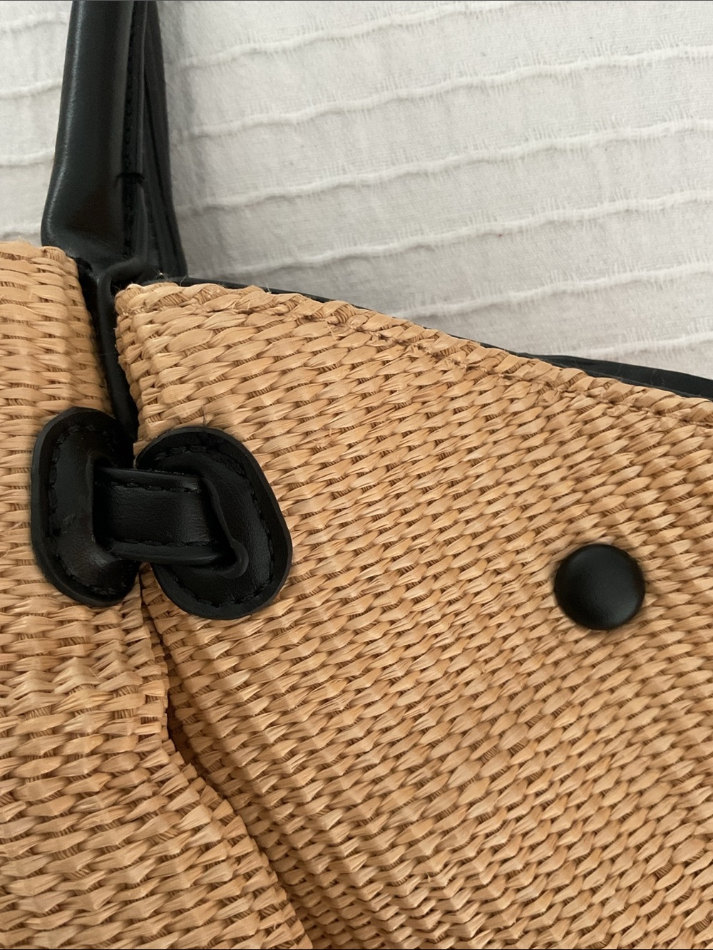 Urban Expressions Classic Tan Woven Tote Bag with Black Handles - Picture 5 of 10